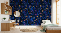 Midnight blue abstract wallpaper in a child's room with a desk and single bed GD12299
