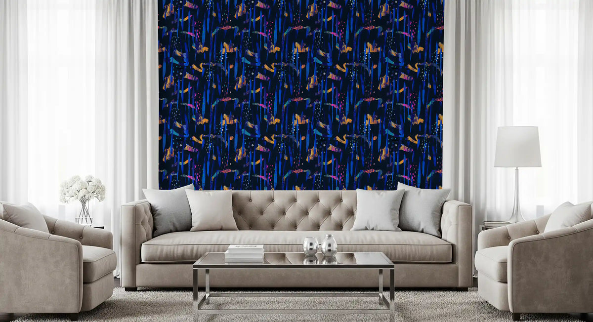 Midnight blue abstract wallpaper in a living room with a grey tufted sofa GD12299