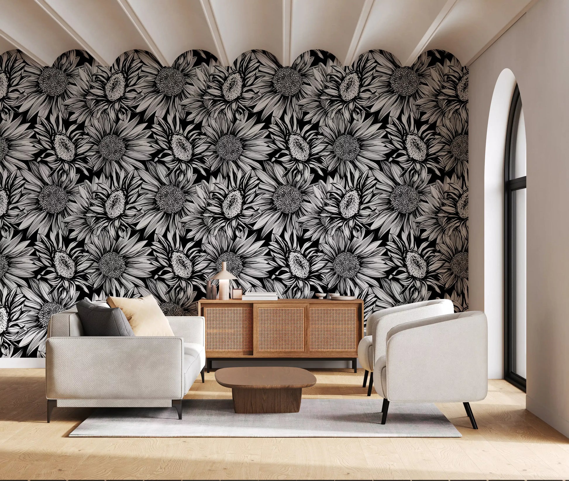 Monochrome Sunflower Sketch Bloom Wallpaper⁠