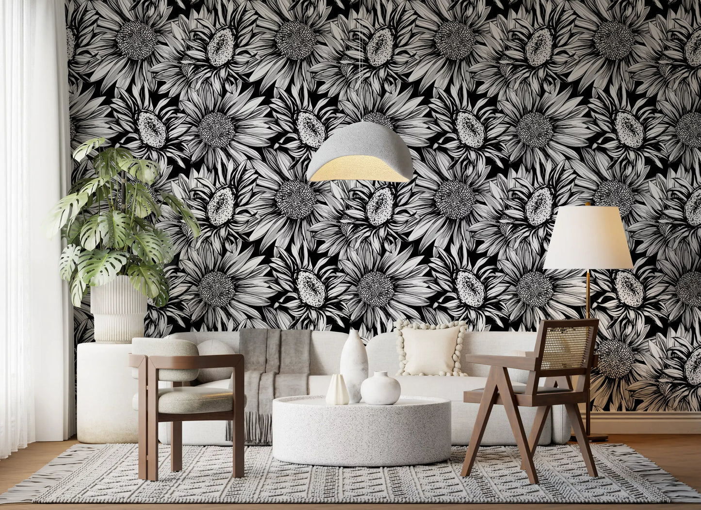 Monochrome Sunflower Sketch Bloom Wallpaper⁠