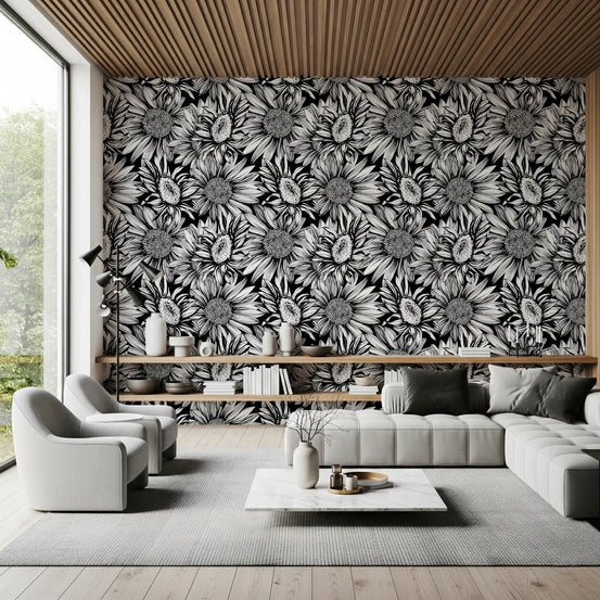 Black and white sunflower wallpaper in a living room with a grey sofa and wood ceiling GD12300