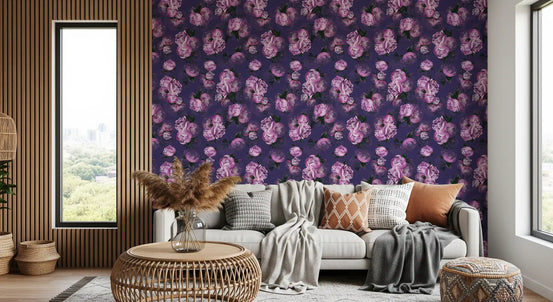Peony floral wallpaper in a living room with a grey sofa and pampas grass GD12302