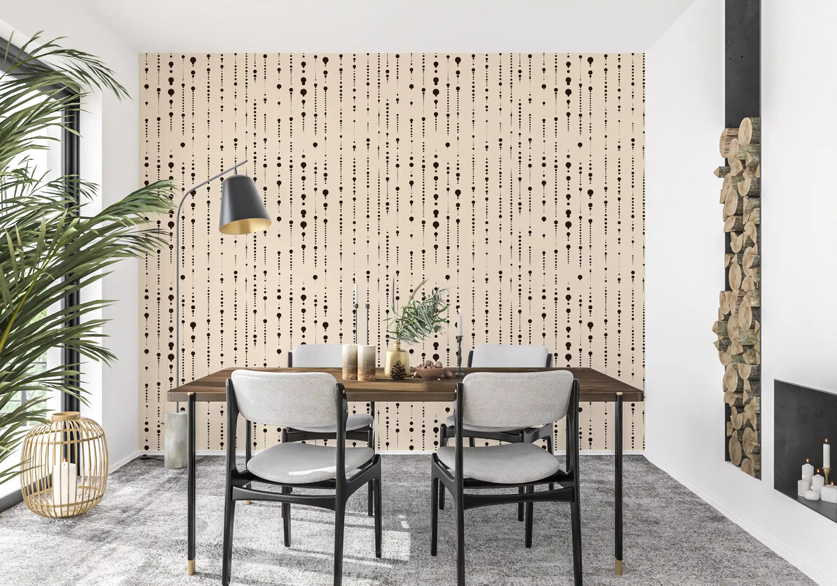 Dot stream wallpaper in a dining room with a wooden table and fireplace GD12303