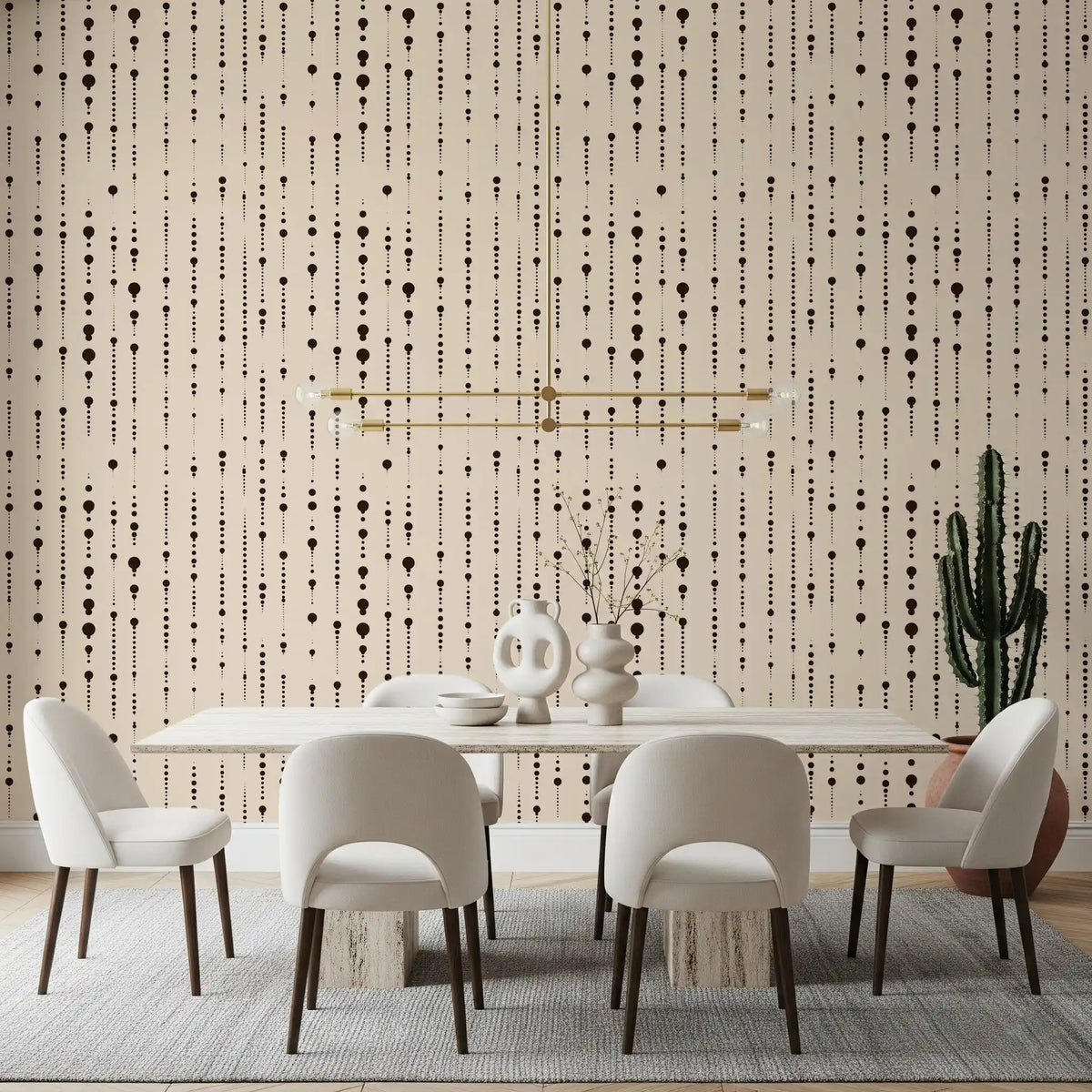 Beige dotted wallpaper in a dining room with white chairs and a cactus GD12303