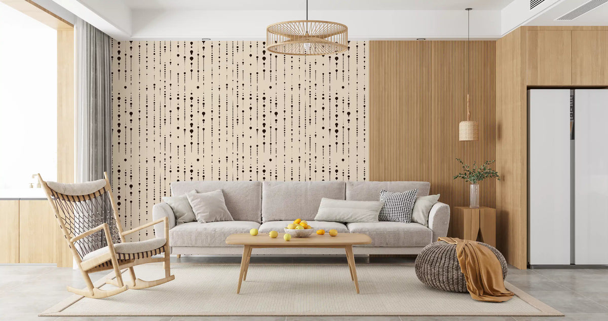 Beige and black dot wallpaper in an open living room beside a wood kitchen GD12303