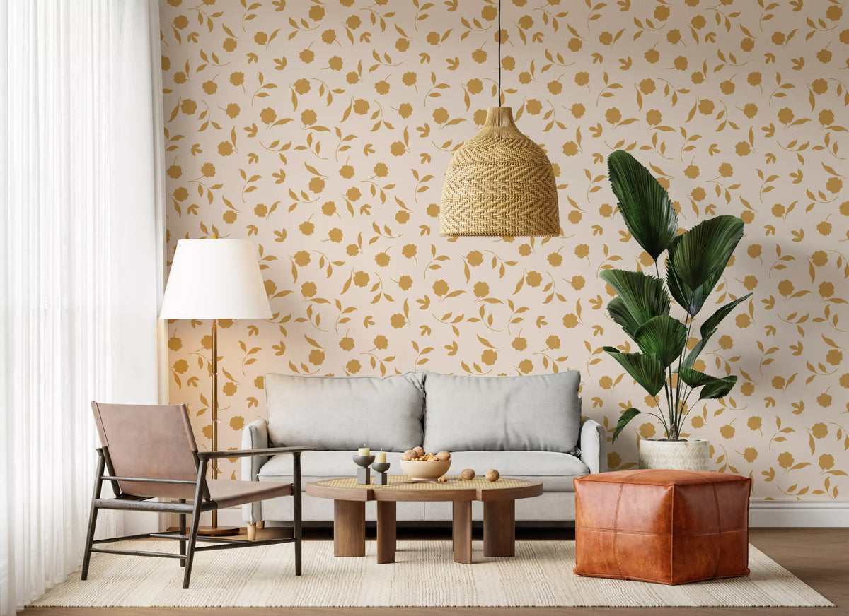 Gold floral sprig wallpaper in a living room with a grey sofa and rattan pendant GD12304