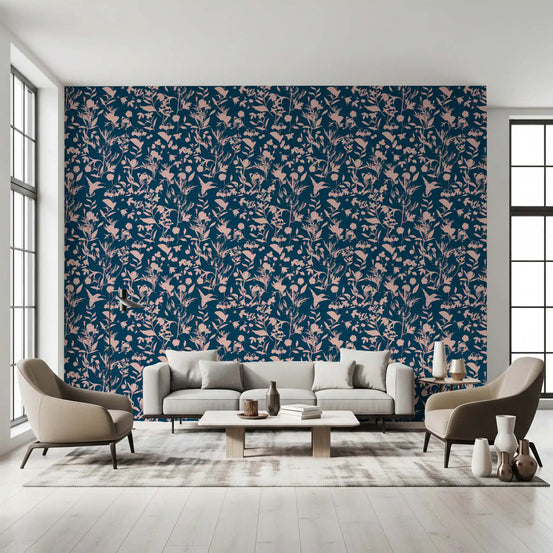Midnight floral wallpaper in a living room with a cream sofa and tall windows GD12305