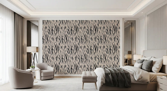 Zebra stripe wallpaper in a bedroom with a beige bed and armchair GD12306