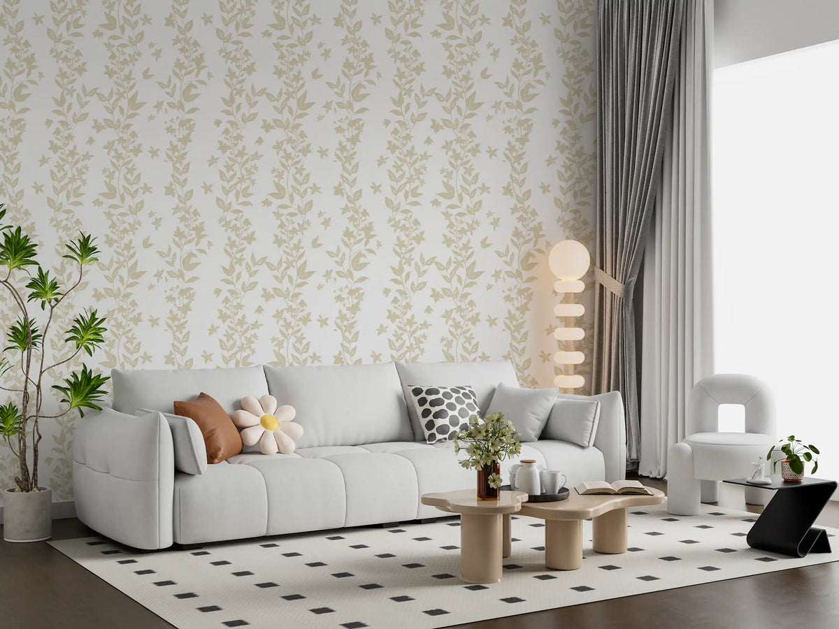 Botanical vine wallpaper in a living room with a cream sofa GD12307