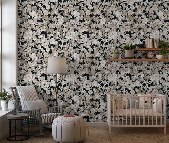 Rustic floral wallpaper in a nursery with a wooden cot GD12310