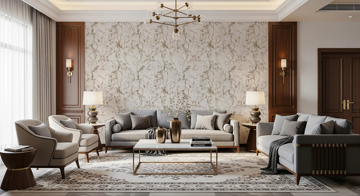 Bird and vine wallpaper in a living room with grey sofas GD12311