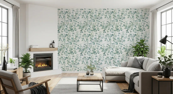 Green floral wallpaper in a bright living room with a grey sofa and fireplace GD12313