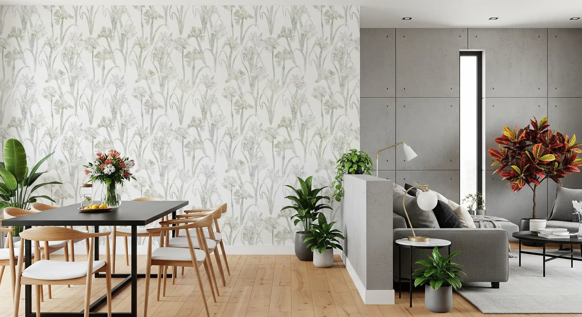 Neutral botanical sketch wallpaper in an open plan dining and living area GD12315