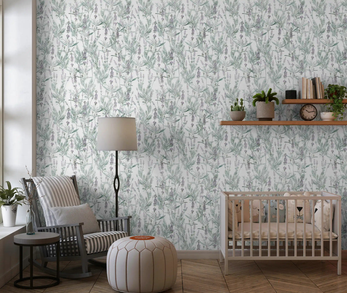 Lavender sprig wallpaper on a soft nursery wall beside a cot GD12316