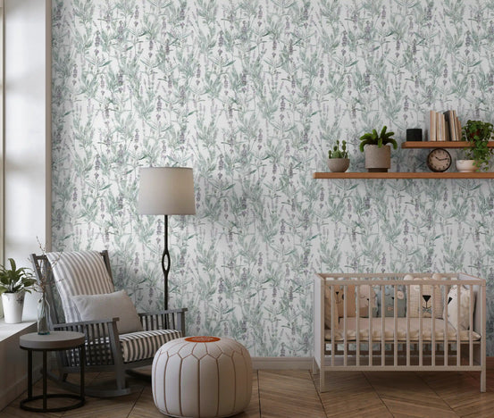 Lavender sprig wallpaper on a soft nursery wall beside a cot GD12316