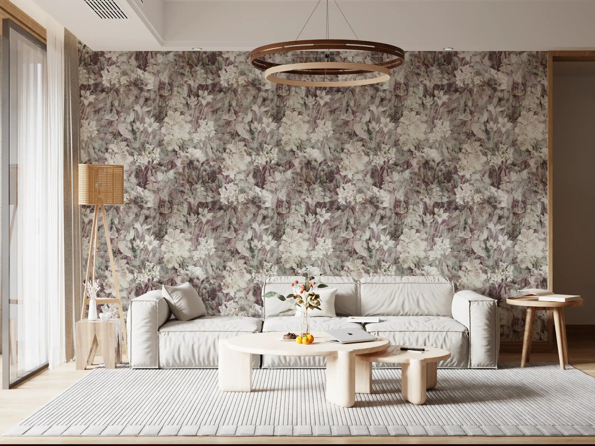 Distressed floral wallpaper on a living room accent wall with a round chandelier GD12320
