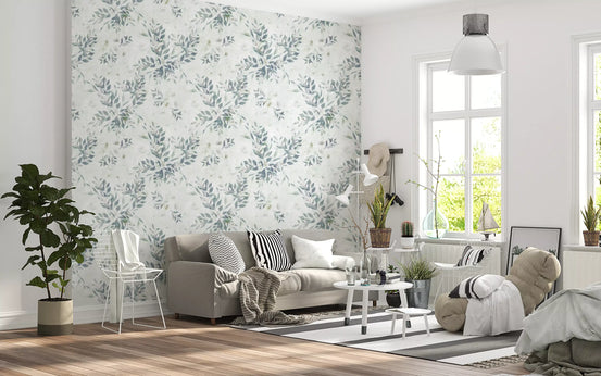 Sage sprig wallpaper in a bright living room with a grey sofa GD12321