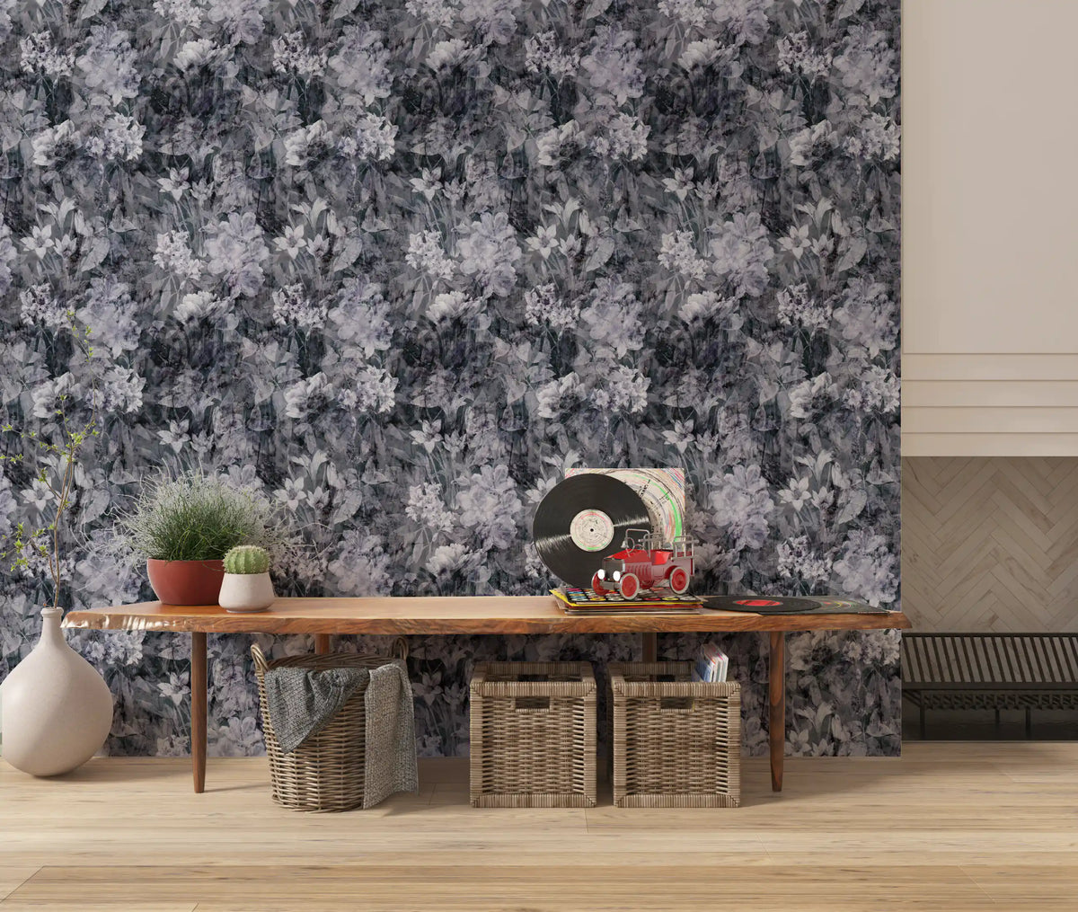Dark floral grunge wallpaper behind a wooden console table in a living room GD12322