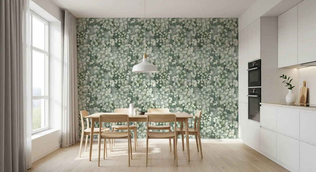 Green eucalyptus leaf wallpaper in a dining room with a white table GD12324