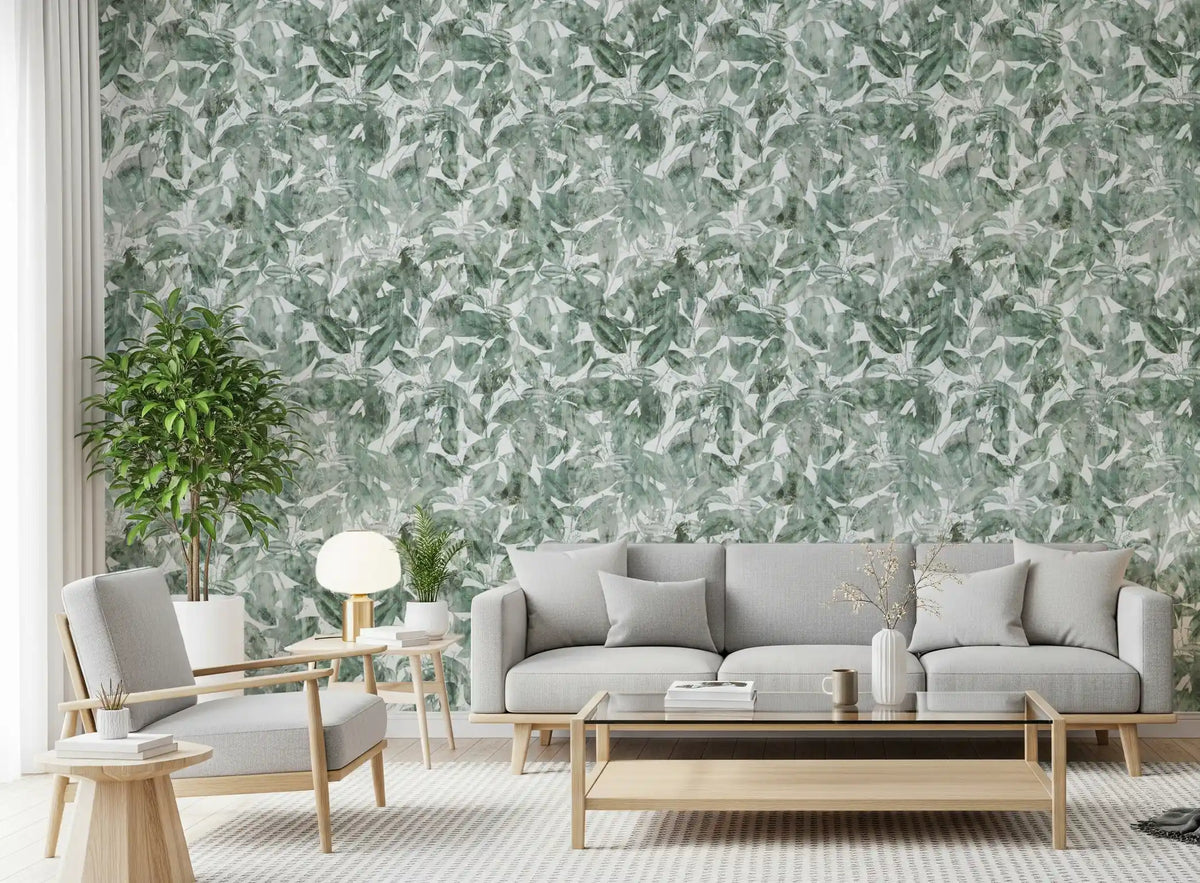 Misty forest leaf wallpaper in a dining room with a gold pendant GD12325
