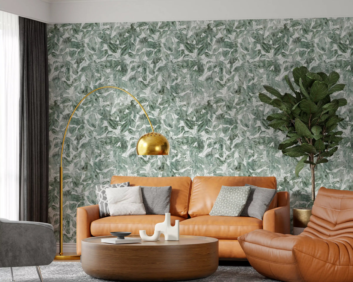 Misty green leaf wallpaper in a bright modern room GD12325