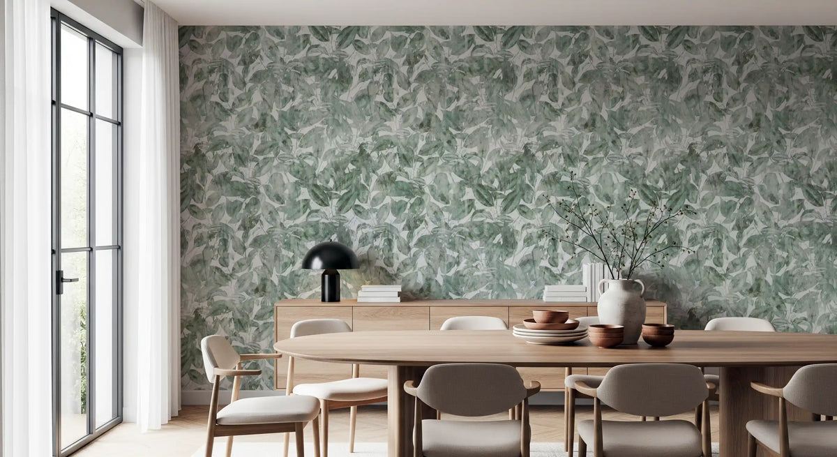 Green leaf wallpaper in a dining room with wooden chairs GD12325