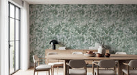 Green leaf wallpaper in a dining room with wooden chairs GD12325
