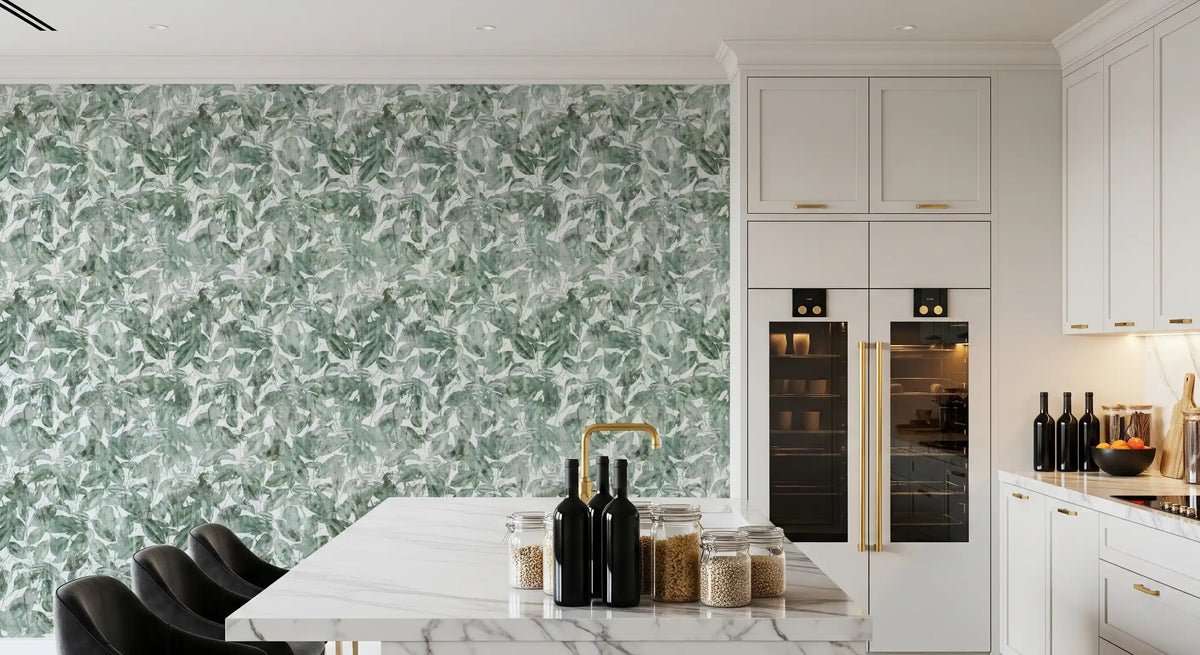 Green forest leaf wallpaper on a living room feature wall GD12325