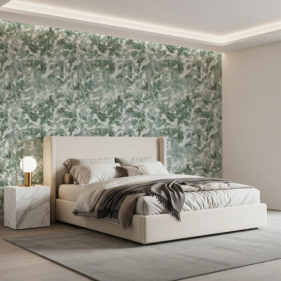 Green leaf canopy wallpaper in a bedroom with cream bedding GD12325