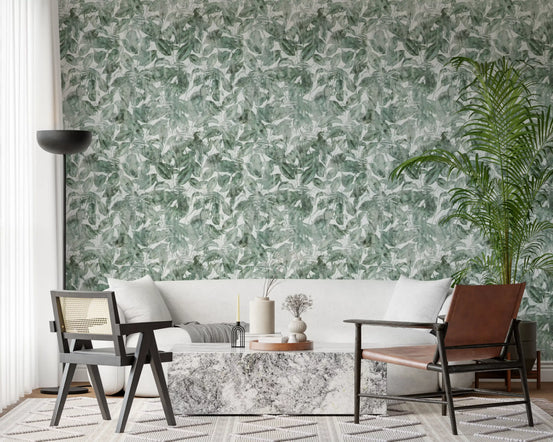 Sage green leaf wallpaper in a living room with a cream sofa GD12326