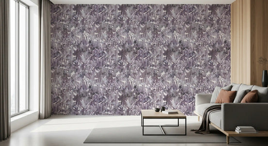 Purple jungle foliage wallpaper in a living room with a grey sofa GD12330