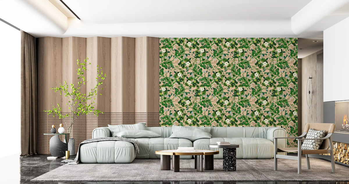 Green foliage wallpaper on a living room wall with a mint sofa and wood panel GD12333