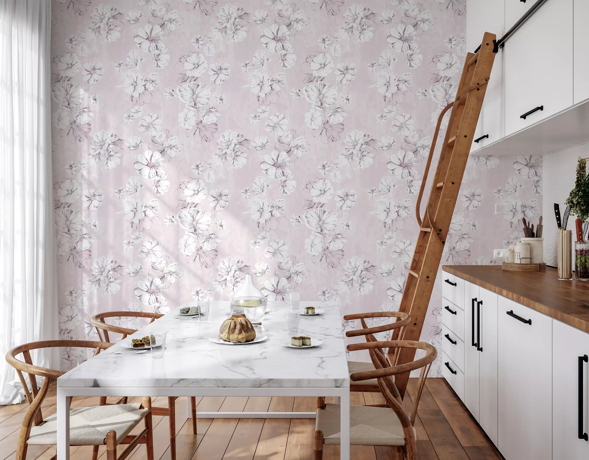 Soft Blush Botanical Illustration Wallpaper⁠