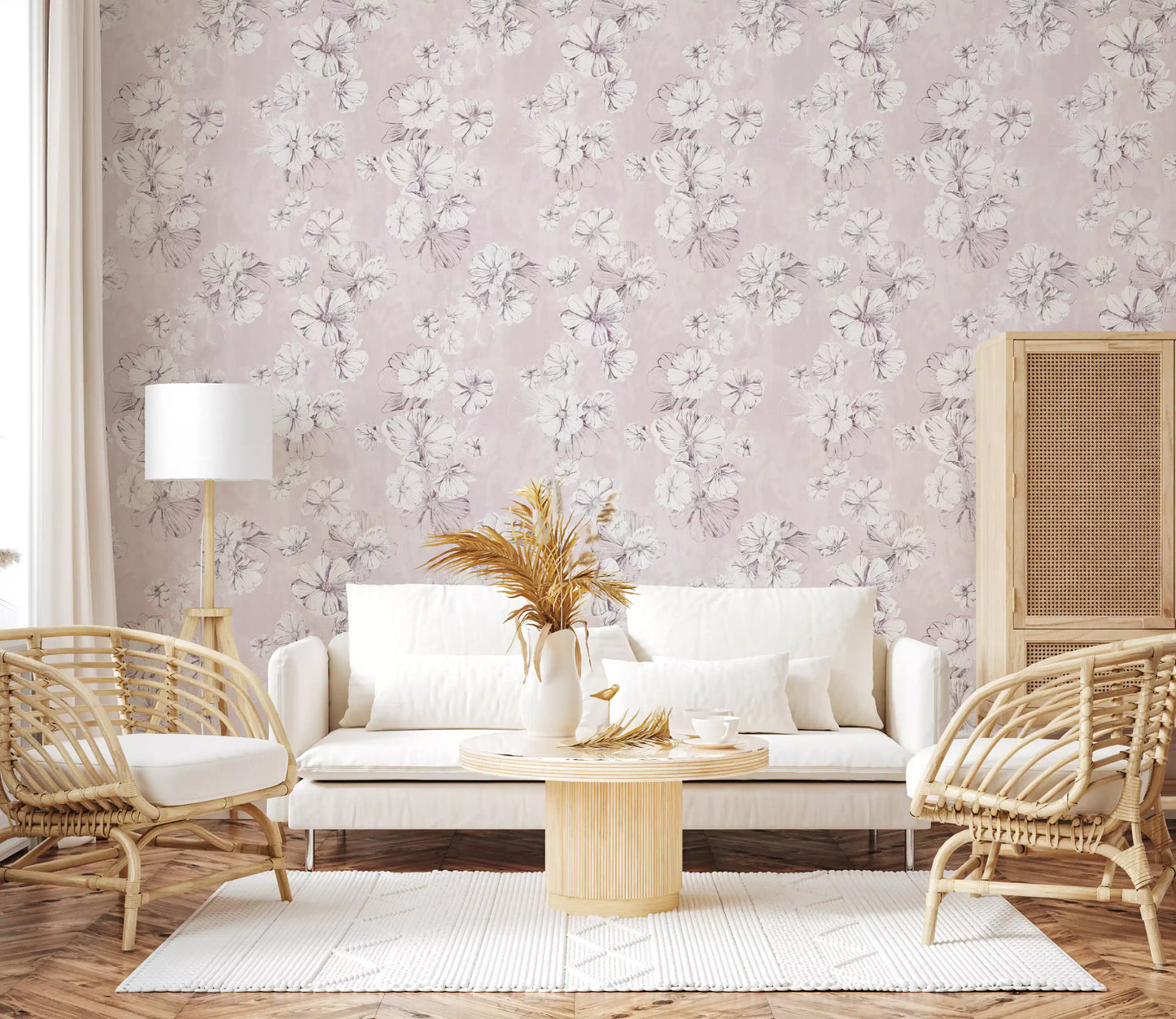 Soft Blush Botanical Illustration Wallpaper⁠
