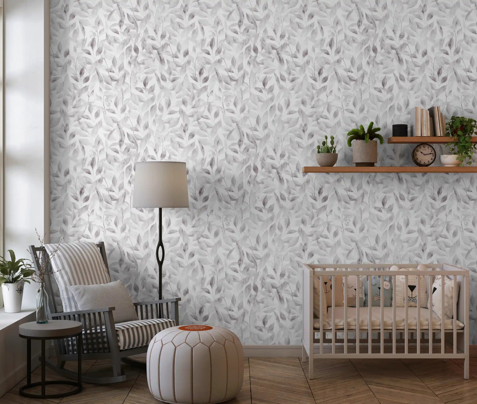 Muted Grey Botanical Foliage Wallpaper⁠