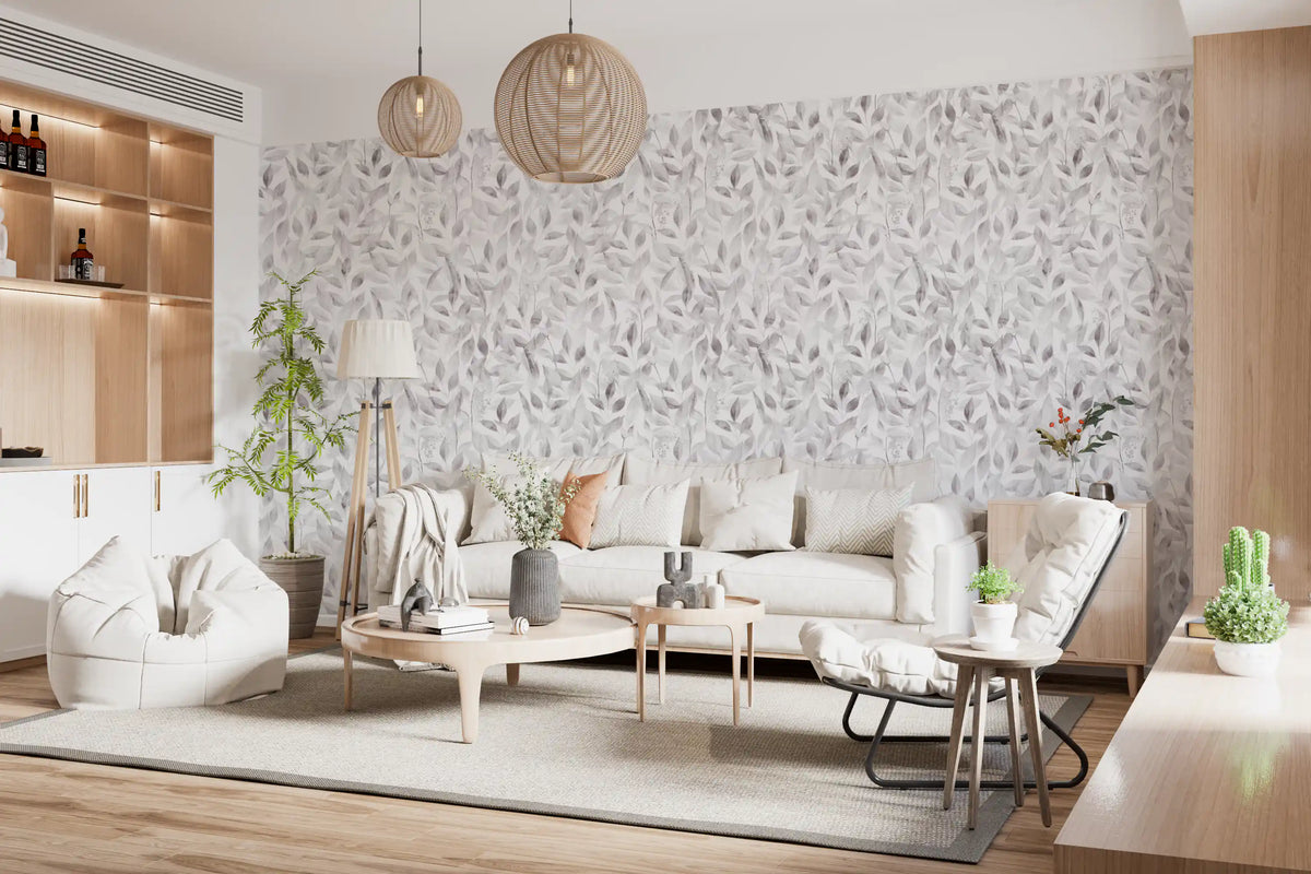 Grey leaf wallpaper in a bright living room with a beige sofa and cactus GD12337