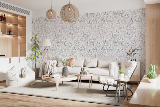 Grey leaf wallpaper in a bright living room with a beige sofa and cactus GD12337