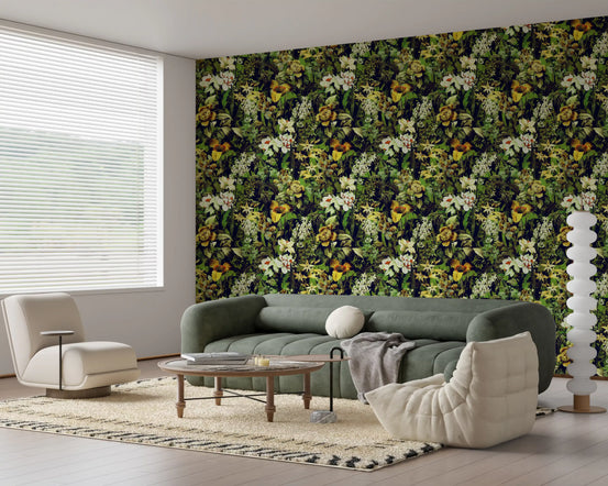 Dark forest floral wallpaper in a living room with a green sofa and rug GD12338
