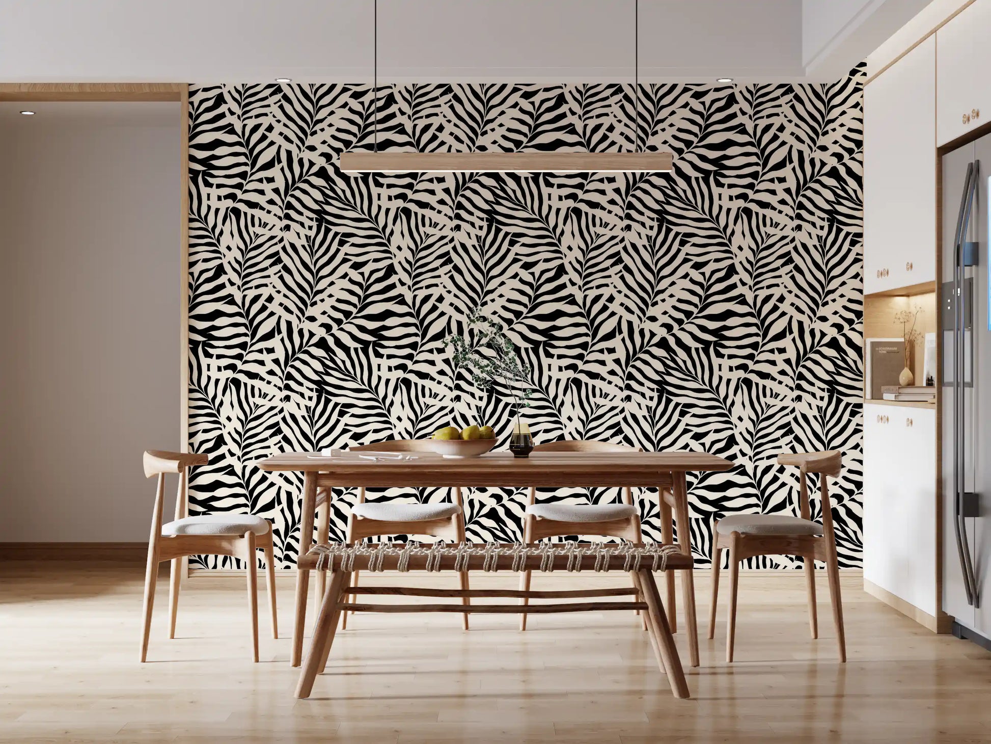 Cream and Black Palm Leaf Botanical Wallpaper⁠