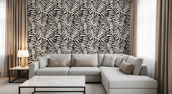 Cream and Black Palm Leaf Botanical Wallpaper⁠