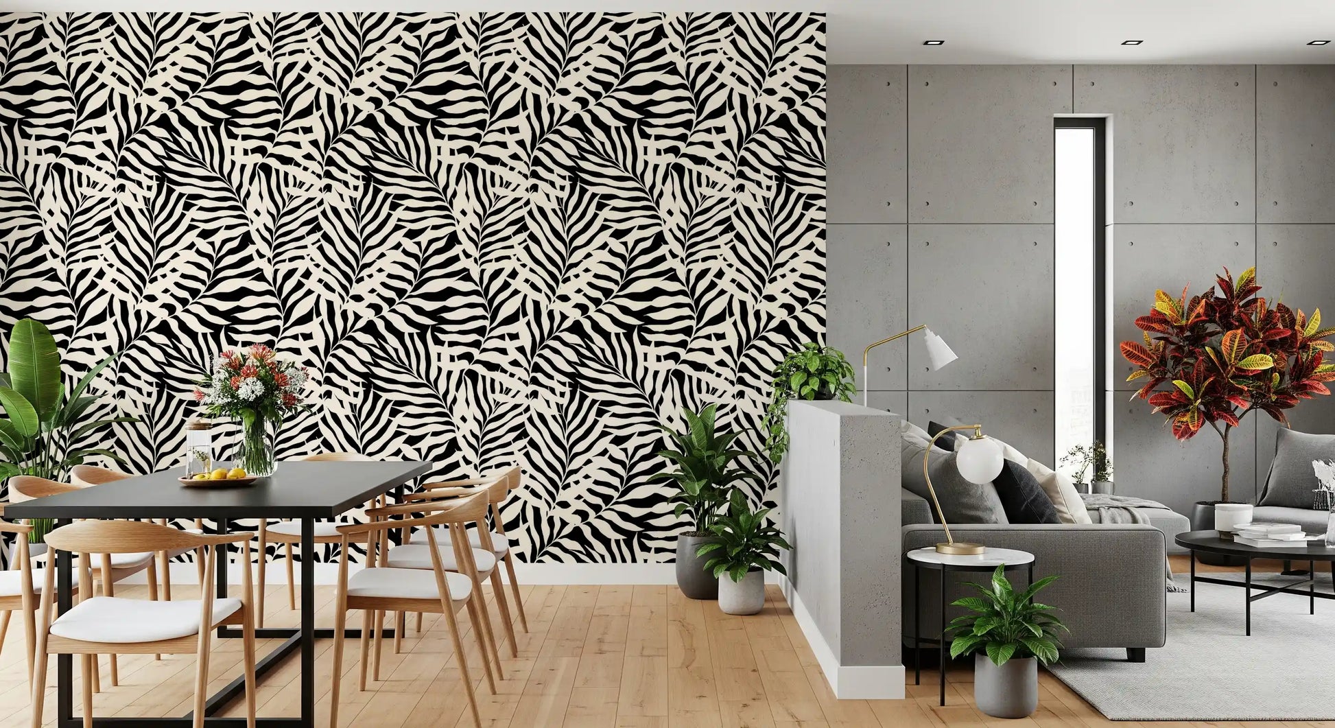 Cream and Black Palm Leaf Botanical Wallpaper⁠