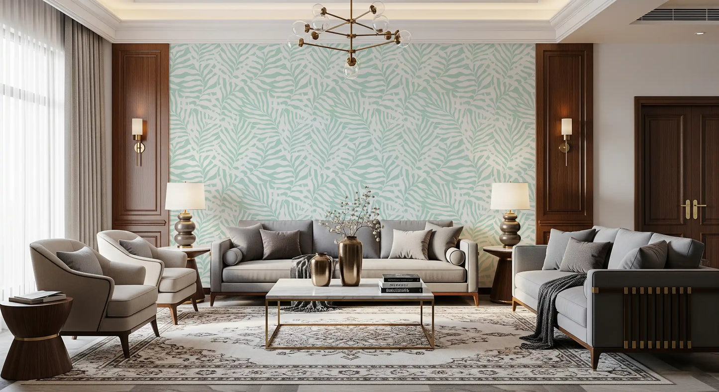 Soft Mint Tropical Fern Leaves Wallpaper⁠