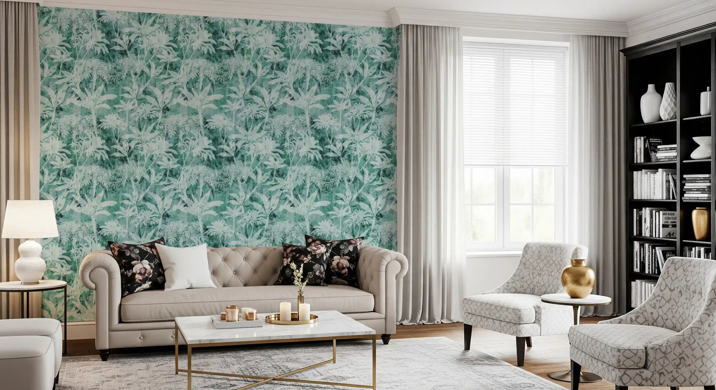 Teal Tropical Botanical Foliage Wallpaper⁠