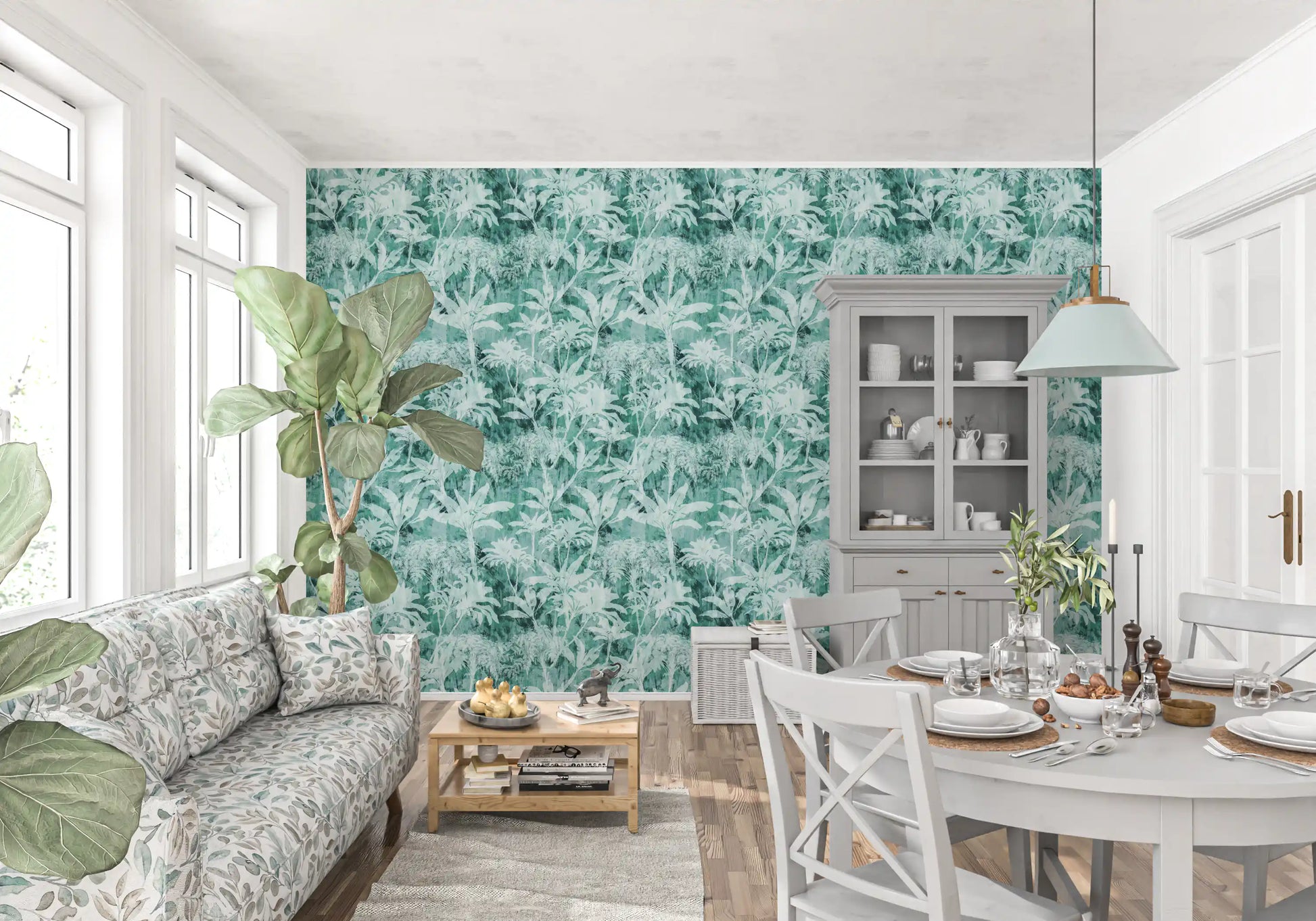 Teal Tropical Botanical Foliage Wallpaper⁠