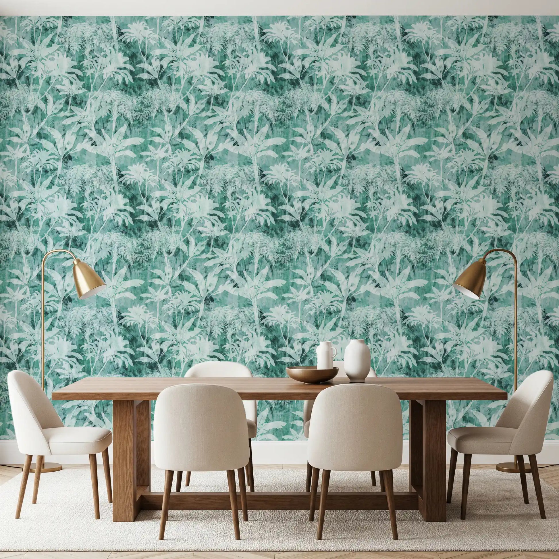 Teal Tropical Botanical Foliage Wallpaper⁠