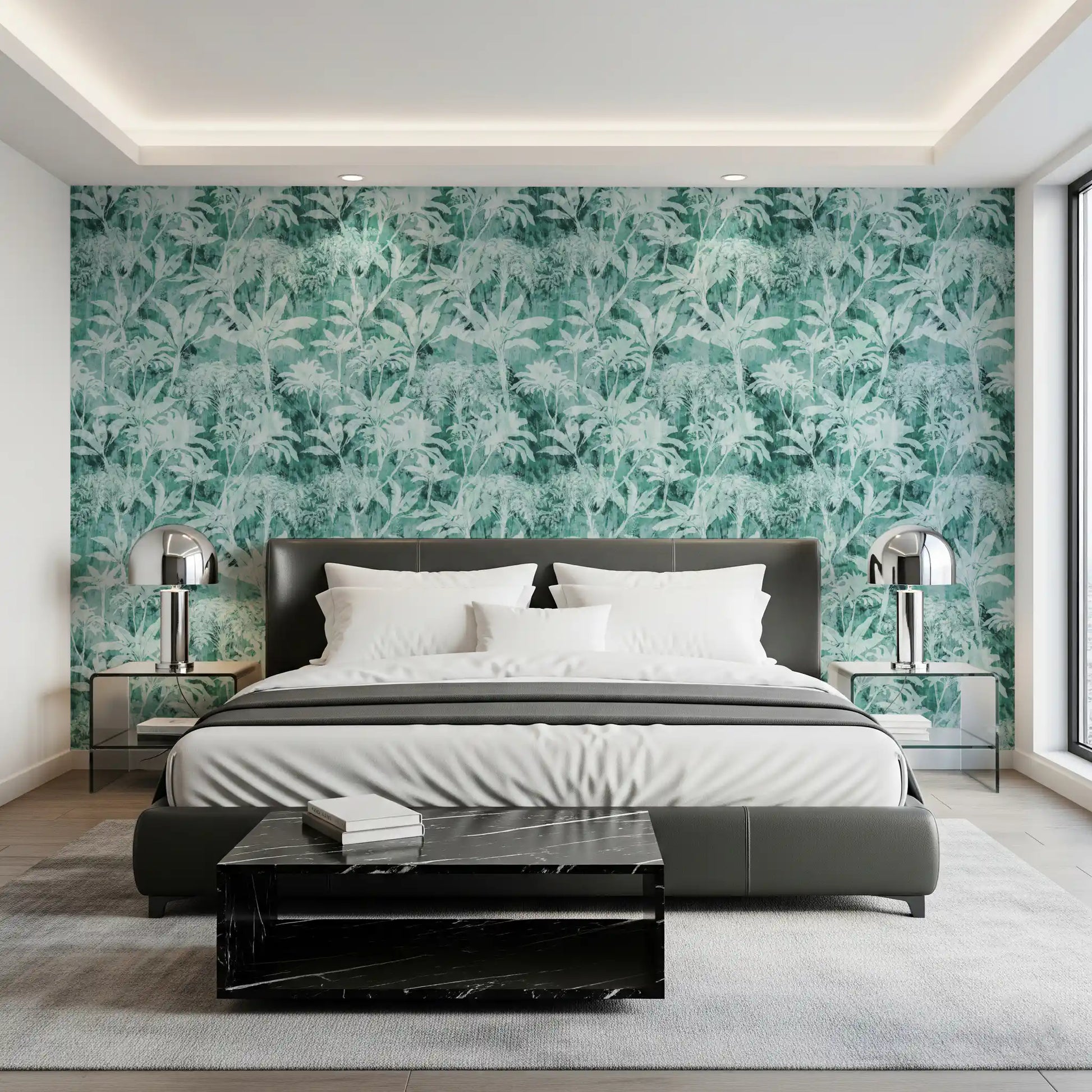 Teal Tropical Botanical Foliage Wallpaper⁠