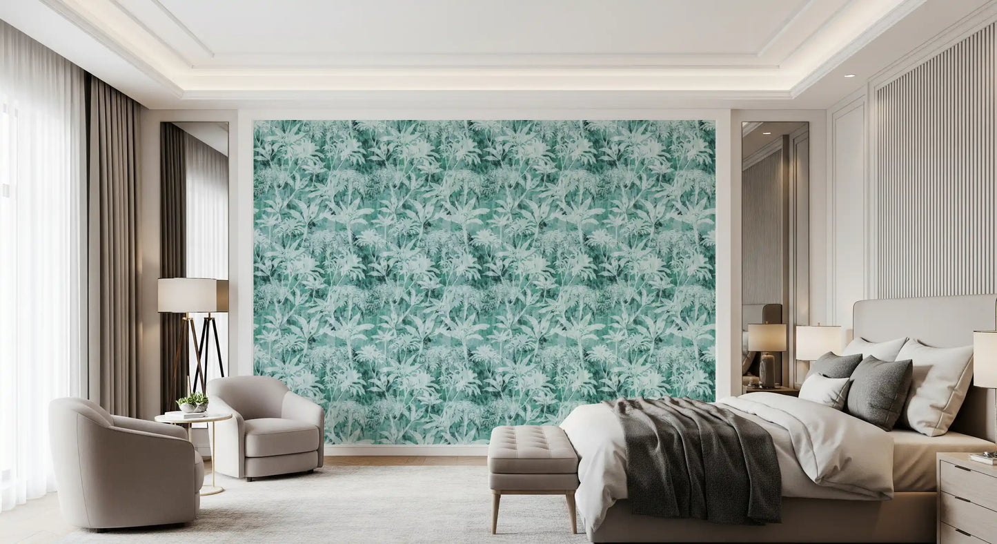 Teal Tropical Botanical Foliage Wallpaper⁠