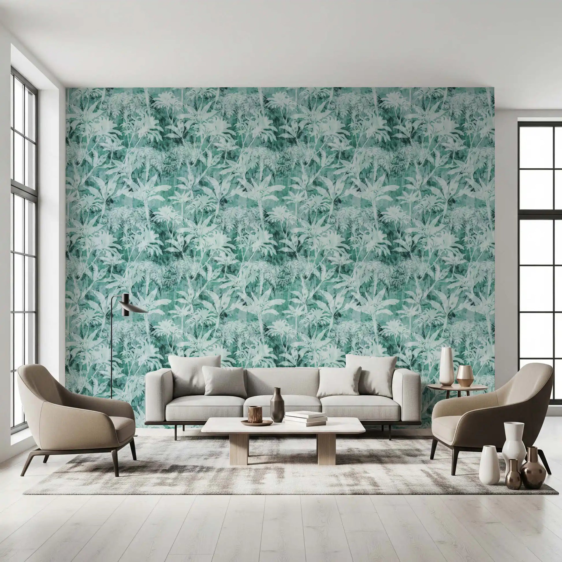 Teal Tropical Botanical Foliage Wallpaper⁠