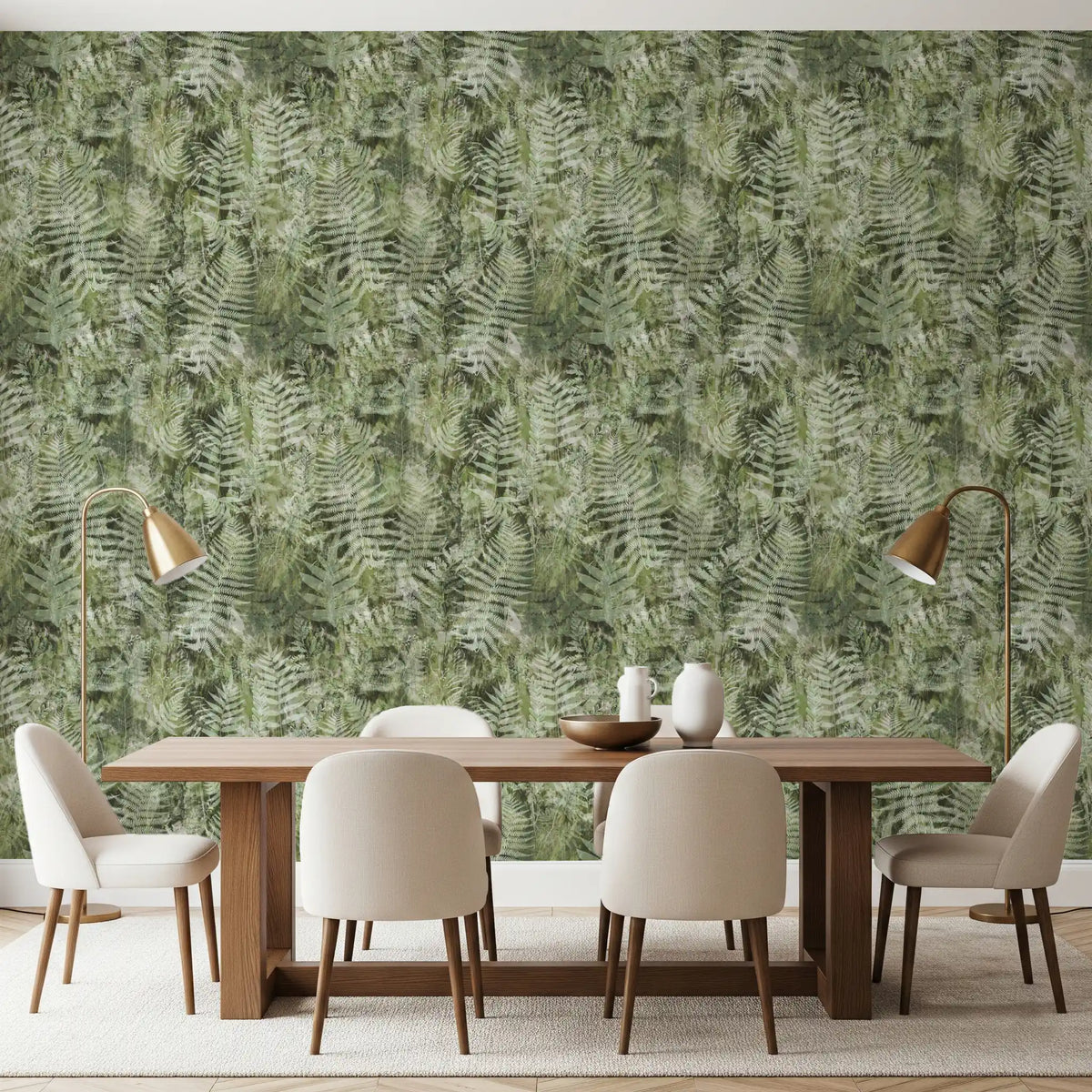 Green forest fern botanical wallpaper in a dining room with a wooden table and beige chairs GD12345