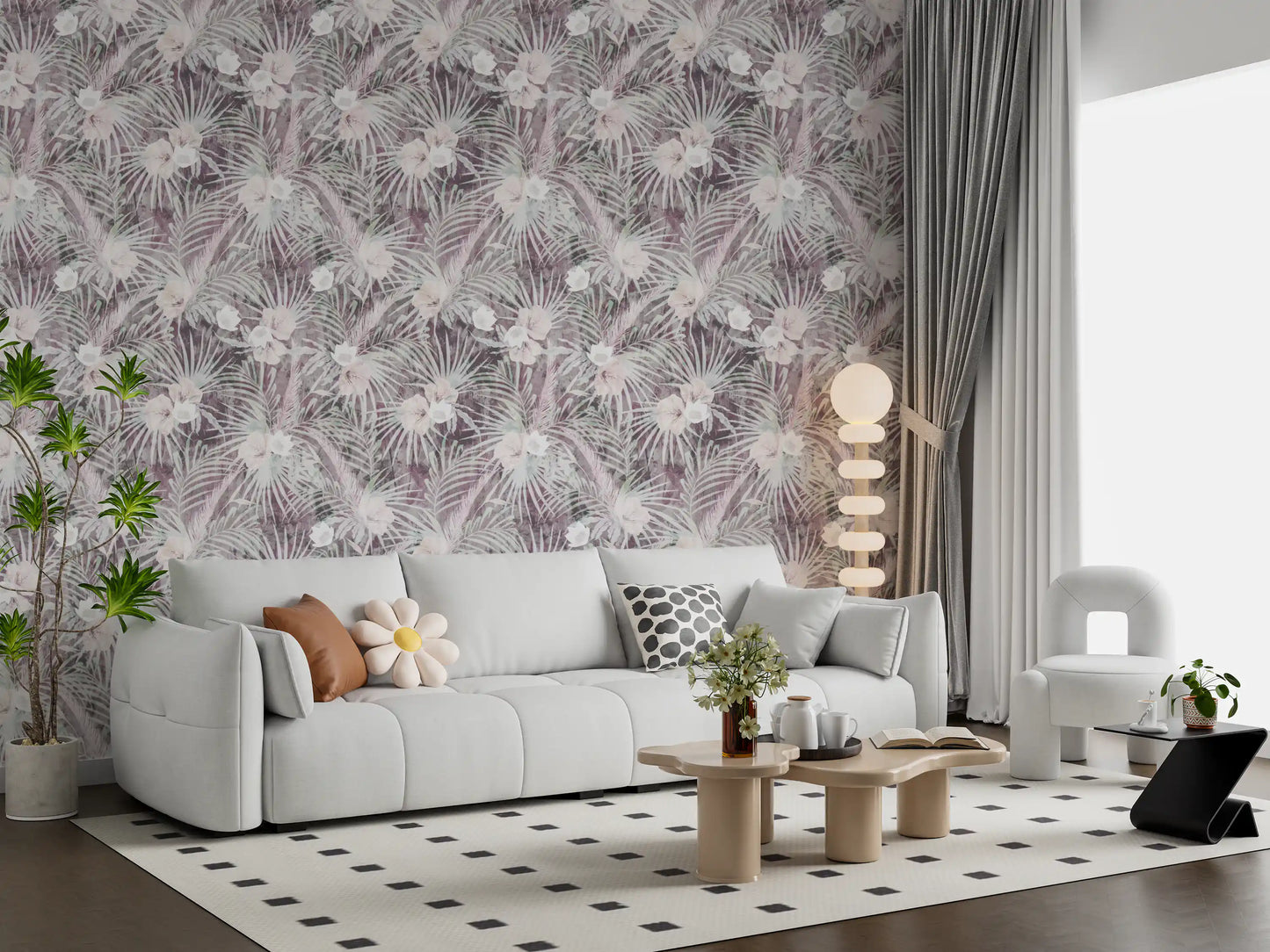 Muted Tropical Palm and Floral Drift Wallpaper⁠